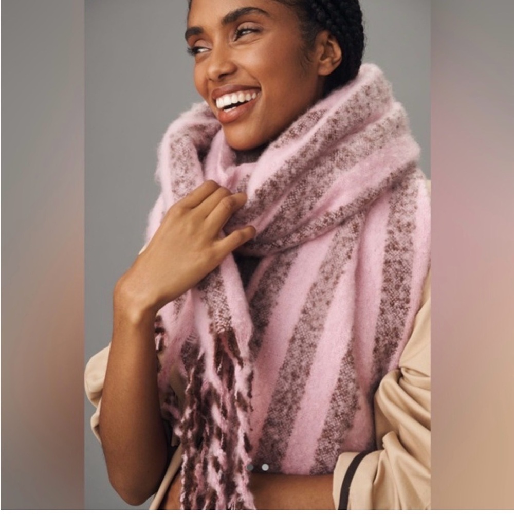 Anthropologie brushed woven Pink and Brown Striped Scarf soft cozy wrap cape‎